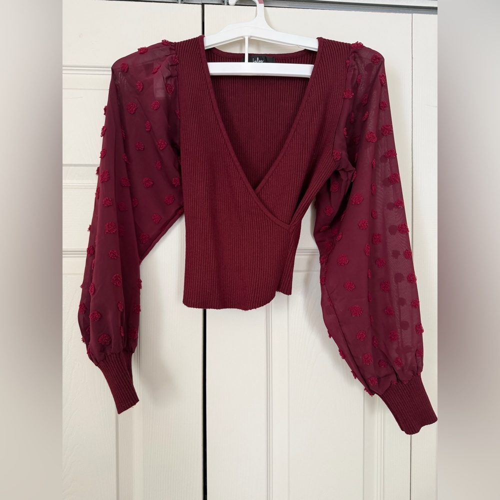 Lulus Enticing Style Burgundy Ribbed Swiss Dot Wrap Top - XS
